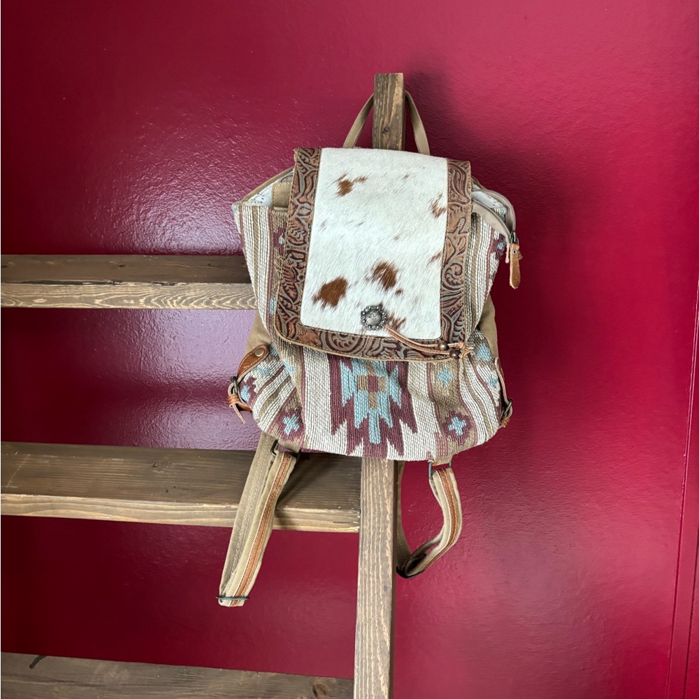 Myra Bag Tan and White Patterned Interior Backpack